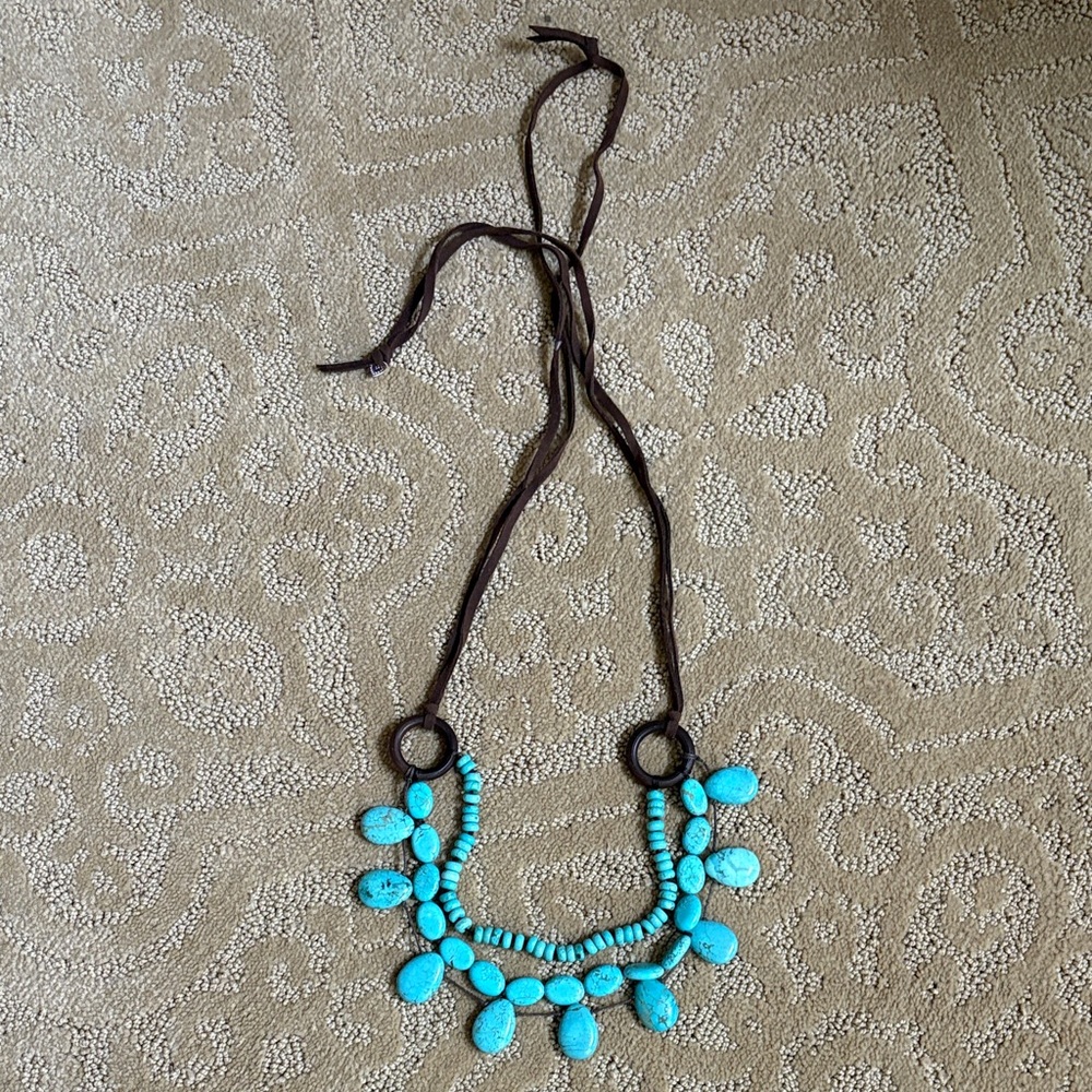 Turquoise Beaded Necklace with Brown Cord